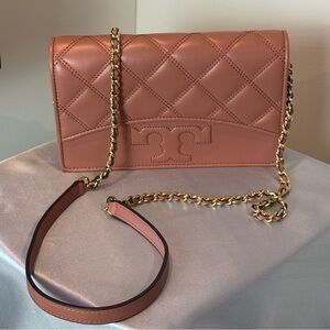 Tory Burch Savannah Flat Quilted Wallet Crossbody | Tramonto Pink | Gold Chain